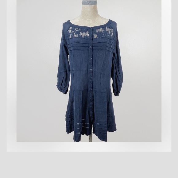 Free People Lace Gauze Tunic Navy Blue Boho Dress Medium - Picture 2 of 3